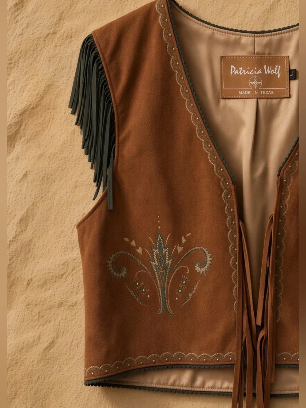 Patricia Wolf hand painted brown leather vest with black fringe RTL $395 L EUC